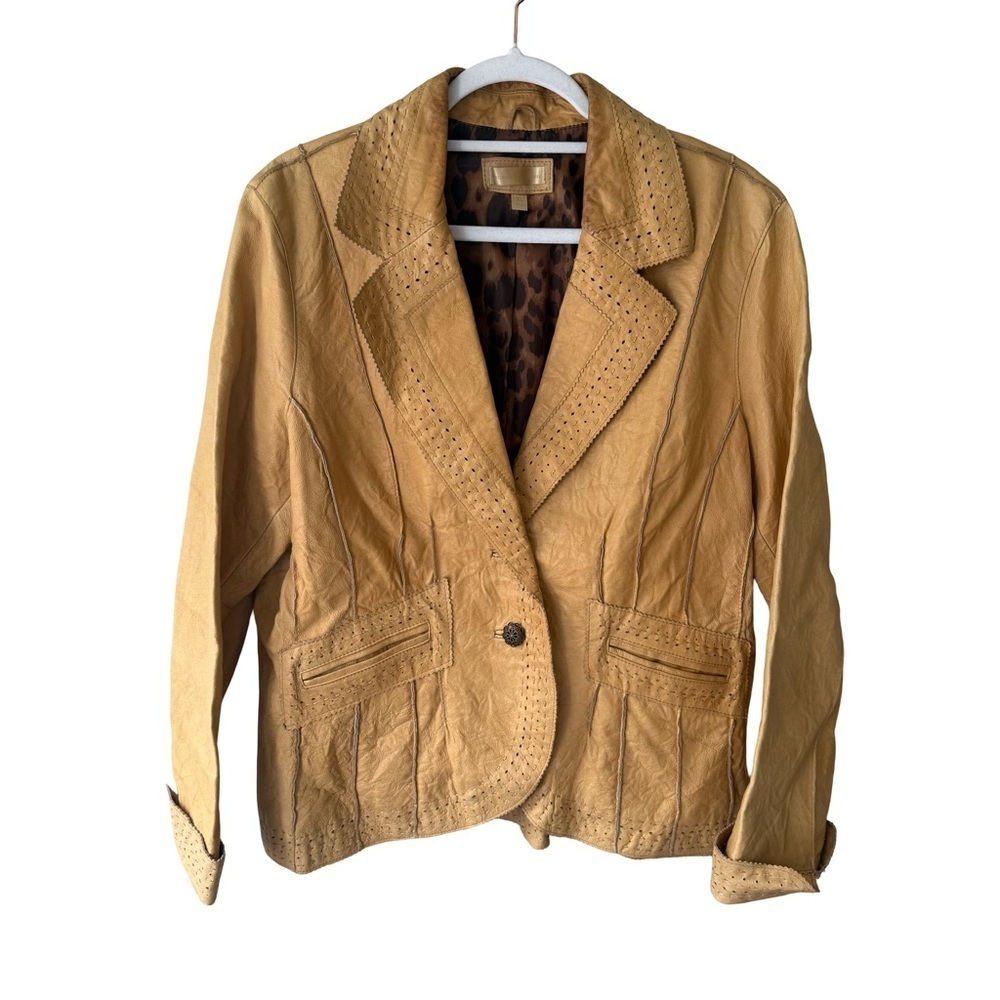 Wilsons Leather Vintage 90s Y2K Tan Blazer Size XL Retro Animal Print Interior